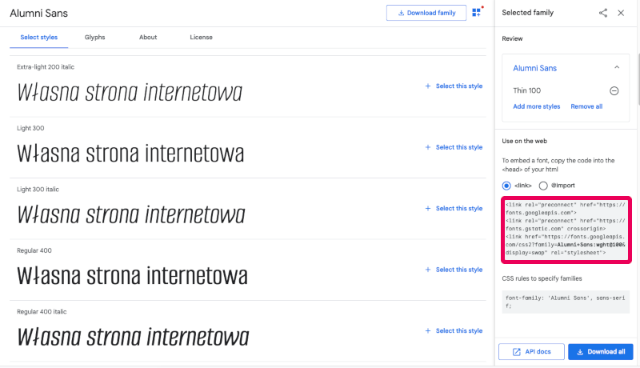 google fonts skopiowanie kodu dla czcionki